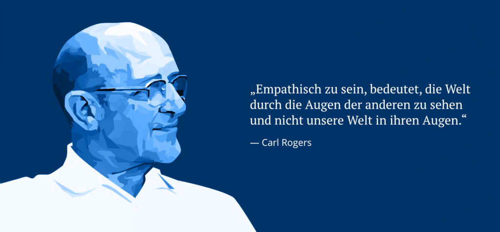 Illustration von Carl Rogers mit einem Zitat über Empathie, das „aktives Zuhören“ betont.