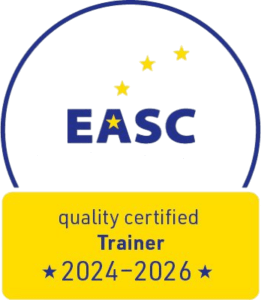 Zertifikat mit der Aufschrift: Qualitätszertifikat zum Trainer 2024–2026, ausgestellt von der EASC – European Association for Supervision and Coaching.